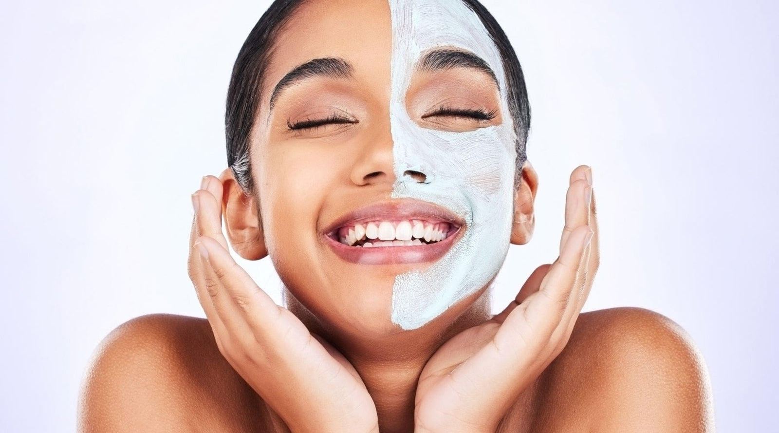 Woman half face painted with hydrogel mask chamomille
