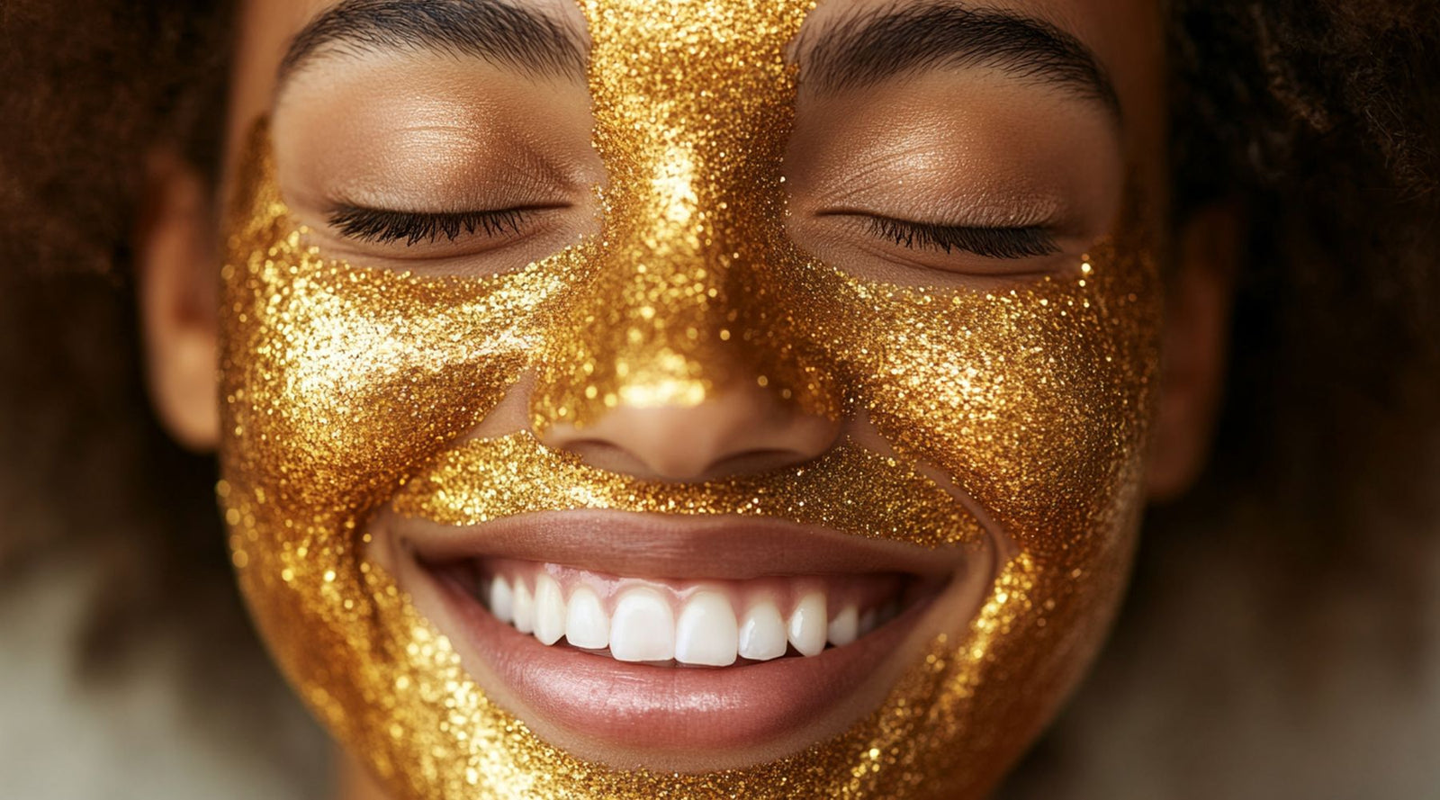 Woman smiling gold jelly mask